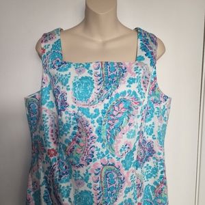 Talbots Women's Size 14 Petite Fresco Paisley Sheath Blue Dress Sleevele